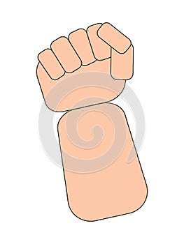 The hand of a man clenched into a fist is raised up on a white background. Male rage, a symbol of proletarian protest.