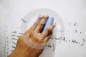 Hand of a man erasing the whiteboard. a hand holding a whiteboard eraser