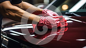 hand of a man in a glove cleaning a car with a microfiber cloth