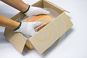 Hand man hold bubble wrap, for Packing and protection product cracked