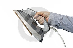 Hand of a man holding an iron on white background 
