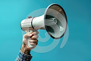 Hand of man holding megaphone. ai generated