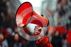 Hand of man holding megaphone. ai generated