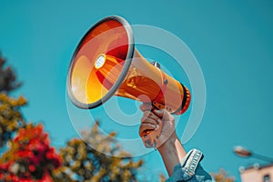 Hand of man holding megaphone. ai generated