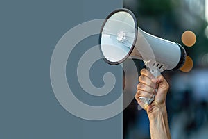 Hand of man holding megaphone. ai generated