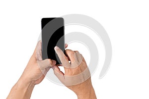 Hand man is holding mobile phone with black screen isolated on a white