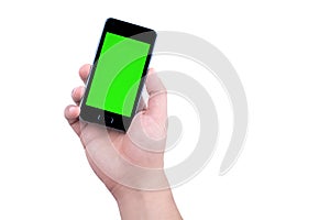 Hand of man holding mobile smart phone with chroma key green screen on white background