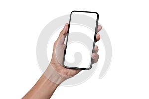 Hand man holding mobile smartphone with blank screen isolated on white background with clipping path