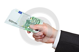 Hand of man holding one hundred euro banknotes.