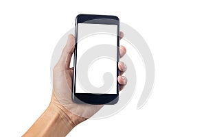 Hand man holding smartphone with blank screen isolated on white background with clipping path