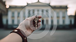 the hand of a man holds a key against the backdrop of the White House