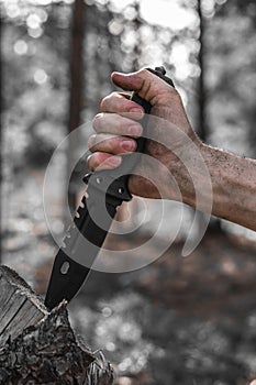 Hand man with hunting knife for survival in the forest. Concept recreation and survival in forest.