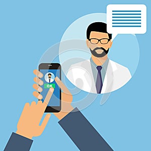 Hand of a man with a mobile phone. online doctor`s consultation concept. man doctor with stethoscope on the screen, concept of onl