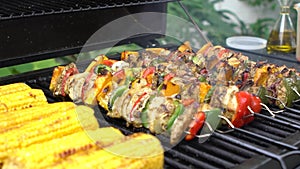 Hand of man open the door of BBQ grill. Cooking skewers on grilled meat