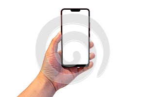 Hand holding Smart phone on white background.