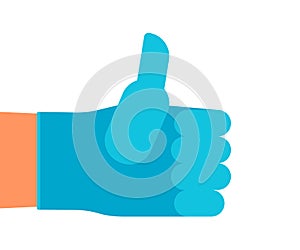 Hand man in protective glove with thumb up, gesture medical like. Clean, higiene hand. Vector flat illustration photo
