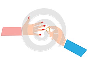 Hand of a man putting a wedding finger on a womanâs hand