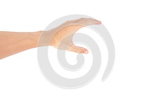 Hand of man reach out in grab gesture isolated on white background