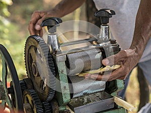 Hand of man squeezing juice from sugar cane. Using manual Mechanism for that