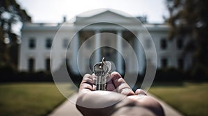 the hand of a man in a suit holds a key against the backdrop of the White House