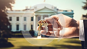 the hand of a man in a suit holds a key against the backdrop of the White House