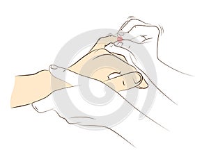 Hand massage, close-up. Physiotherapist presses special points on female palm to relieve headaches and other pains. Sketch