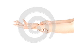 Hand massage. Female finger exercise, stretch therapy for pain wrist protective isolated on white background. Healthy