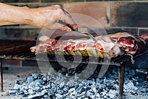 The hand of a mature man doing a barbecue. photo