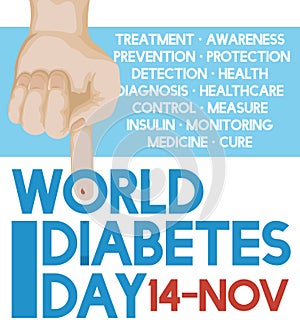 Hand Measuring Glucose Levels with Precepts of World Diabetes Day, Vector Illustration