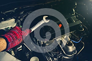 Hand of mechanic professional man hold a wrench tools.