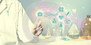 Hand of medicine doctor touching medical icons network connection. Innovation, digital healthcare and network connection