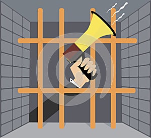 Hand with megaphone behind the bars illustration