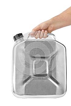 Hand with metal jerrycan