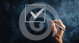 A hand is methodically drawing a check mark on a digital screen
