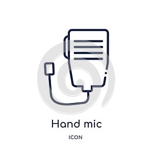 Hand mic icon from music and media outline collection. Thin line hand mic icon isolated on white background