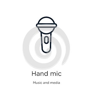 Hand mic icon. Thin linear hand mic outline icon isolated on white background from music and media collection. Line vector sign,
