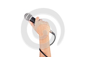 Hand with a microphone isolated on white background