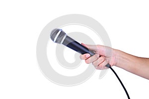 Hand with a microphone isolated on white background