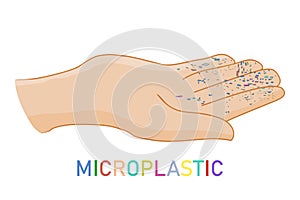 Hand with microplastic isolated on white background. Small plastic pellets on hand.
