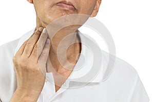 Hand of middle aged man was groping,checking the pain and swelling in the neck,sore throat and cough,thyroid nodule,lump in throat