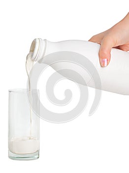 Hand with milk bottle and glass photo