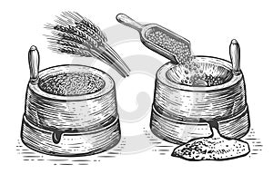 Hand mill is an ancient stone tool for grinding grain products and obtaining flour. Vintage vector. Millstone sketch