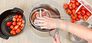 Hand Mill Grinding of Field Tomatoes and Colanders