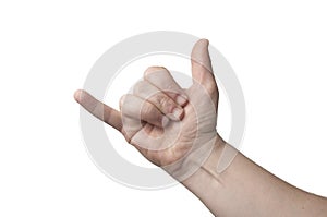 Hand mimic shaka sign hang loose isolated