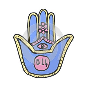 Hand of Miriam, color doodle hamsa hand divine symbol of protection from evil eye, hand drawn color illustration.