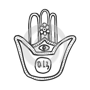 Hand of Miriam, doodle hamsa hand divine symbol of protection from evil eye, hand drawn illustration.