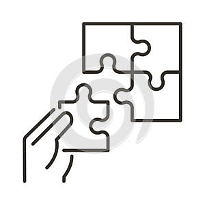 Hand with missing piece of a puzzle set. Vector thin line icon for concepts of problem solving, success, business, education