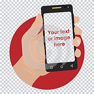 Hand with mobile phone with space for your text or image.