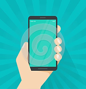 Hand with mobile phone vector illustration, flat cartoon person hand holding smartphone showing cellphone screen or