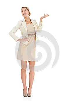 Hand, mockup space or portrait of happy businesswoman with presentation, offer or about us. White background, studio or